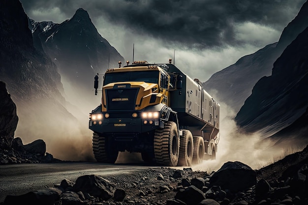Rallier bestuurt een hightech truck door verraderlijk bergachtig terrein