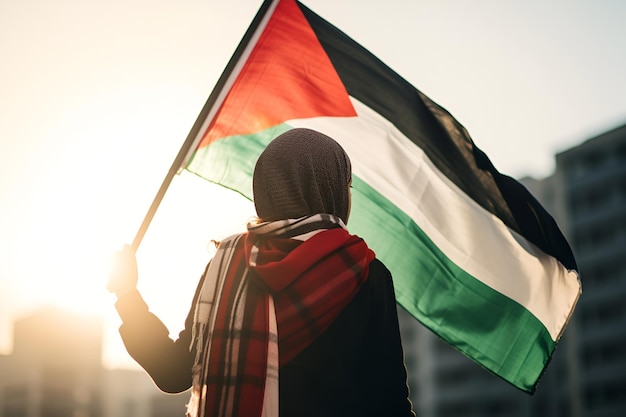 At a rally advocating for Gaza an Arab woman waves a Palestinian flag