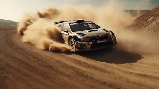 Rally Car Racing Through Dusty Terrain