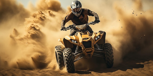 Photo rally competition quad bike in dust cloud sand dunes