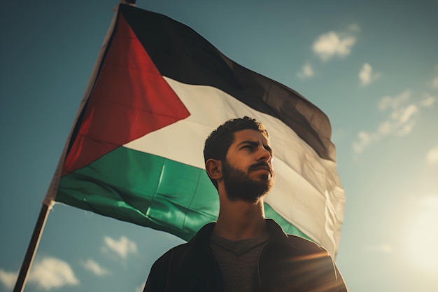 At a rally in solidarity with Gaza a Palestinian gentleman proudly holds a flag