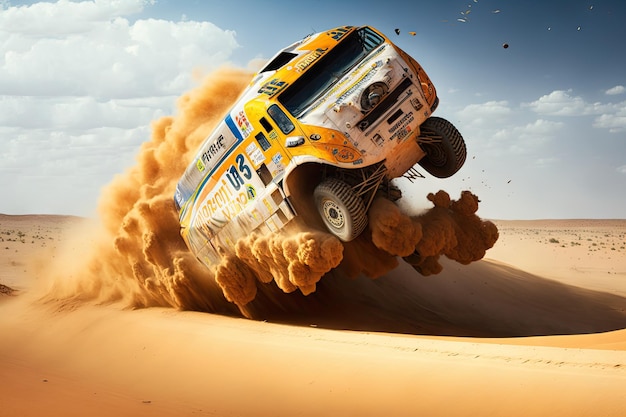 Rally truck flying through the air with driver navigating tricky jump