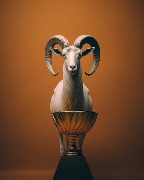 A ram is standing on top of a trophy