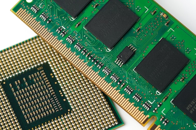 RAM Memory and pins on Main CPU PC processor circuit board