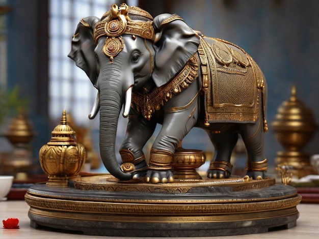 ラマ・ナヴァミ - テーブルの上に座っている象の像青銅刻人工知能が生成した画像