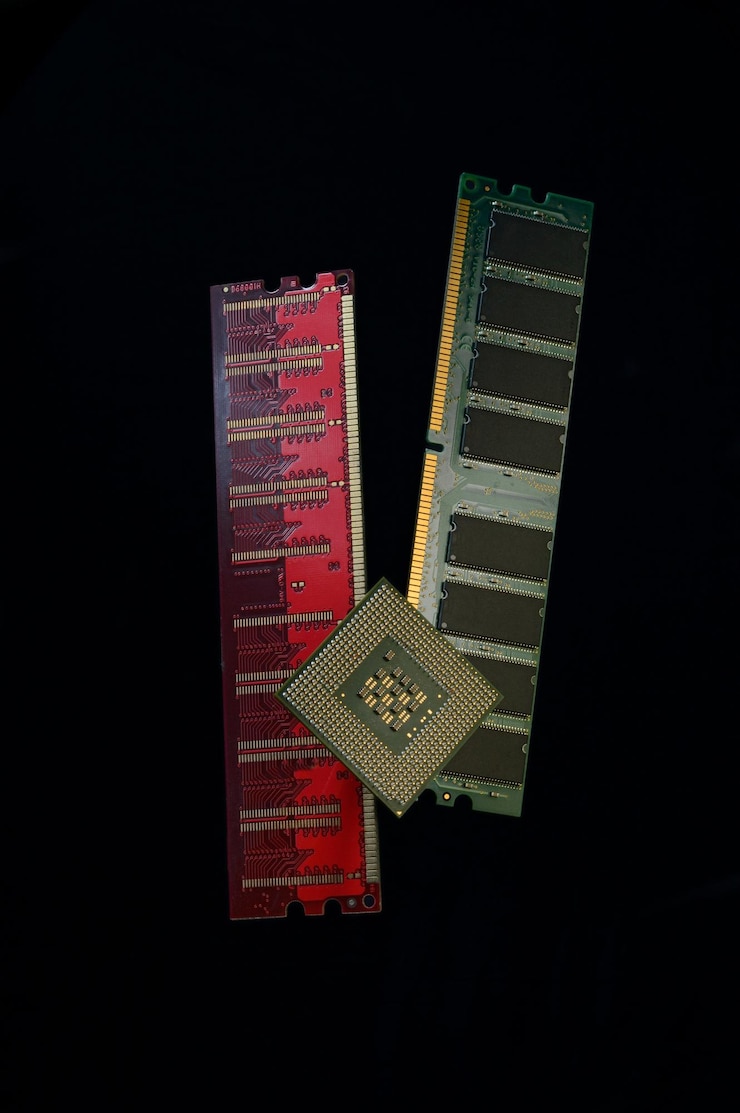 Photo ram and processor from a computer on a dark background