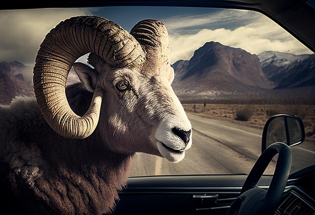 A ram sits behind the wheel of a car AI Generated