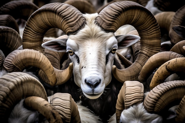 Ram standing out amidst a flock of sheep