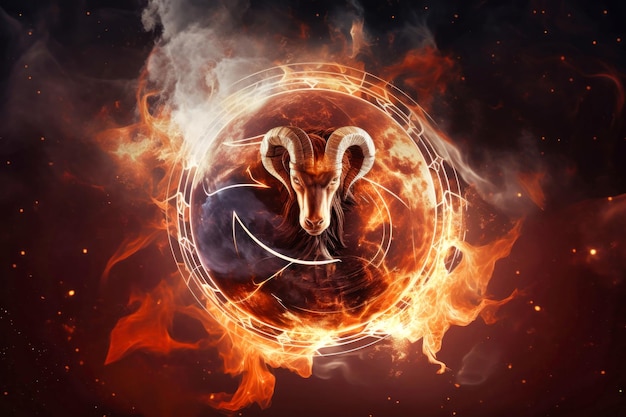 A ram stands in the center of a fiery circle symbolizing the zodiac sign Capricorn