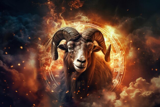 A ram symbolizing the Zodiac sign Aries standing prominently in the midst of a sky filled with fluffy clouds