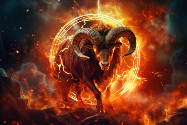 A ram symbolizing the zodiac sign Aries stands confidently in front of a circle of fire