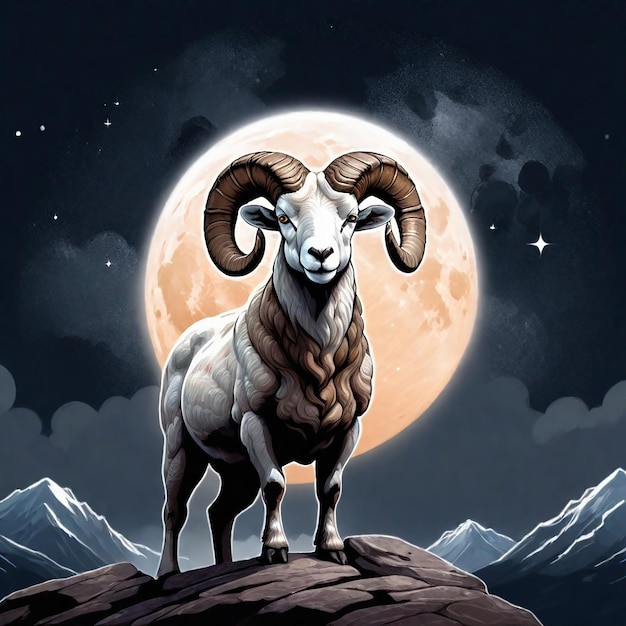 背景に満月が映っている雄羊