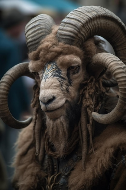 A ram with horns and a blue and black pattern on it