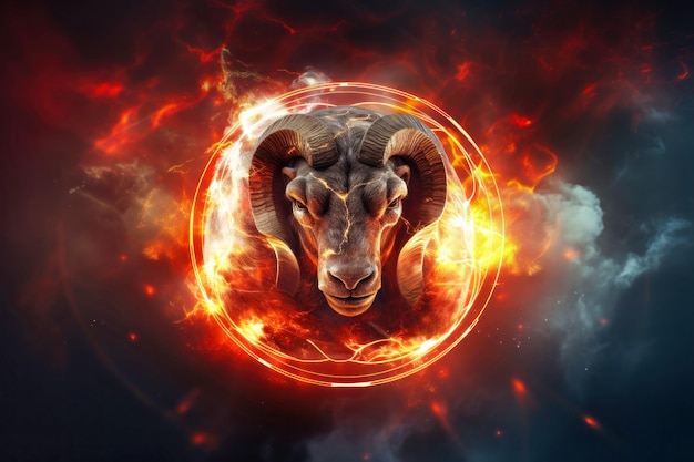 A ram with large horns finds itself in the midst of blazing flames