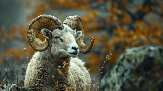Photo a ram with large horns standing in a field