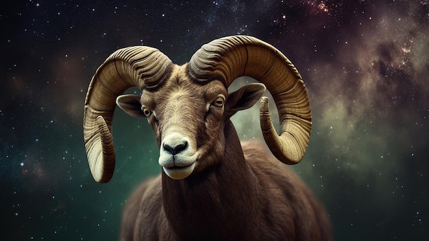 A ram with large horns stands in front of a starry sky.