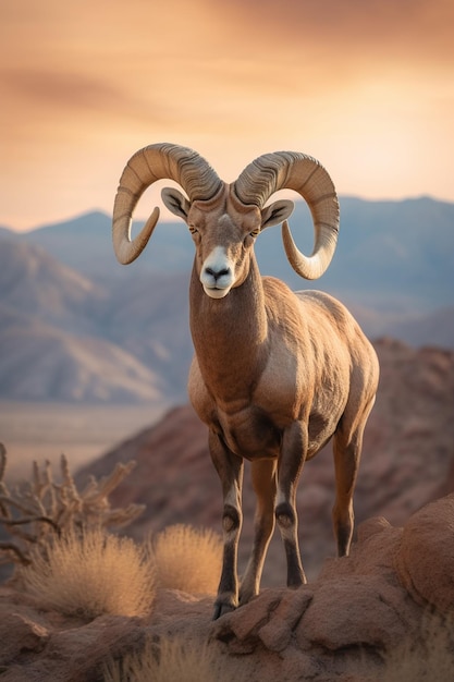 A ram with large horns stands on a rocky hillside.