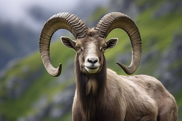 Photo a ram with a long horn that has a white face and horns.