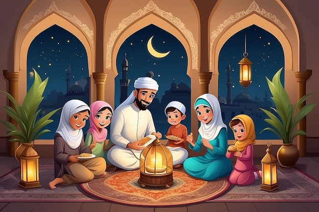 Ramadan 2023 cartoon illustratie met een moslimfamilie die de Ramadan en Eid feestdagen viert