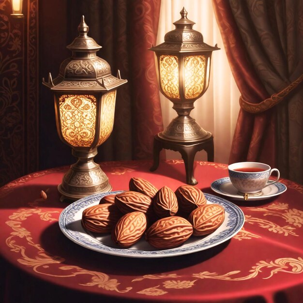 Foto ramadan achtergrond bord van dadels met verspreide amandelen op tafel een traditionele lanterngeneratieve