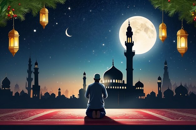 Ramadan achtergrond met echtpaar moslim bidden met moskee illustratie Holly nacht ramadan scène