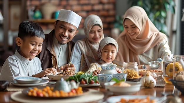 During Ramadan an Asian Muslim family prepares breakfast in the kitchen Generative Ai