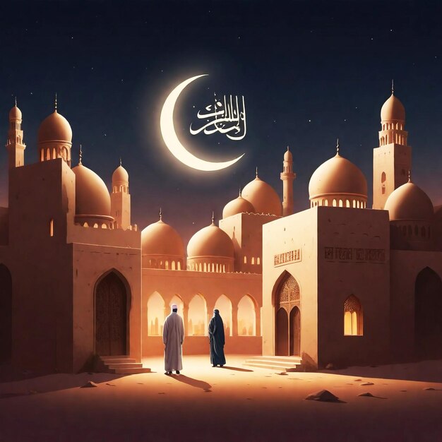 Foto sfondo ramadan città mediorientale di notte con edifici e una moschea sotto un cielo stellato con