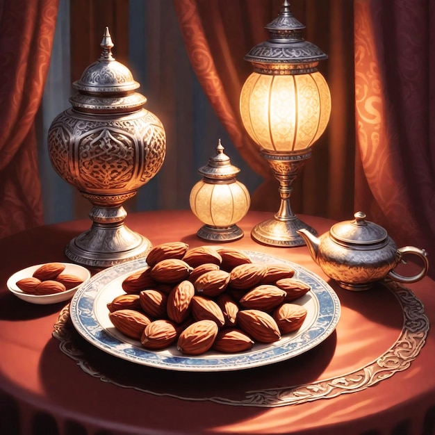 Foto piatto di sfondo di ramadan di datteri con mandorle sparse su una tavola una lanterna tradizionale