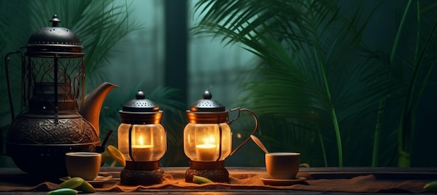 Ramadan background for Ramadan lantern Arabic coffee pot and cups with palm leaves