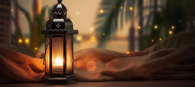 A Ramadan background of a Ramadan lantern with palm fronds in a room made