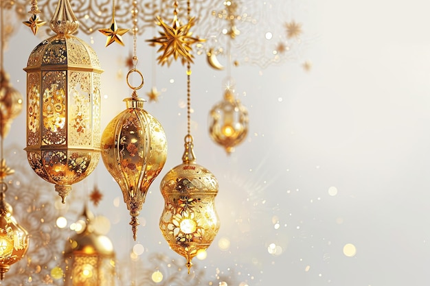 Ramadan background with Arabic gold lanterns and shine