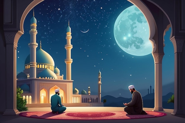 Фона Рамадана с парой мусульман, молящихся с иллюстрацией мечети Светая ночь Рамаданская сцена