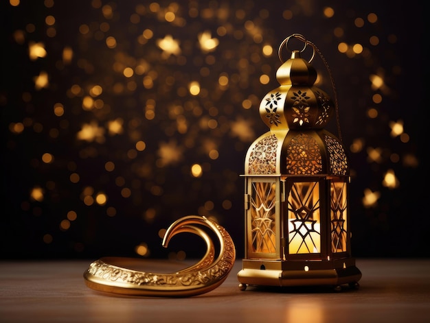 Ramadan background with a golden lantern and the moon