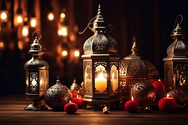 Photo ramadan background with lamps and ornaments