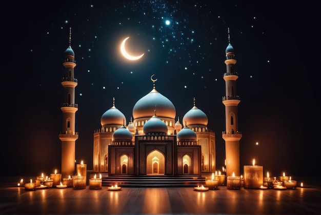 Foto sfondo del ramadan con la moschea illuminata da candele