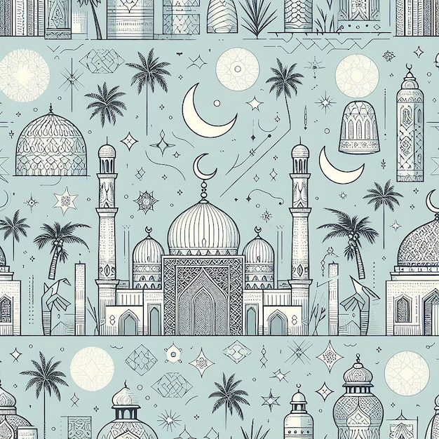 Ramadan background with mosque in monolines