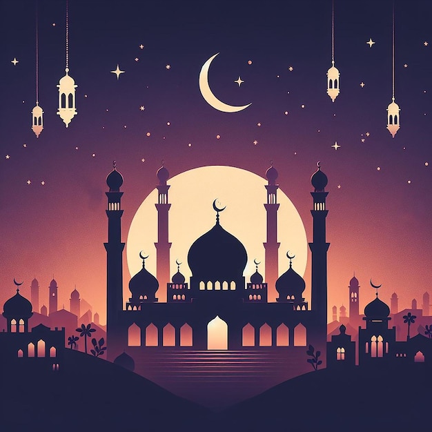 Ramadan background with mosque silhouette in flat style