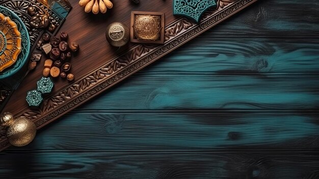 Ramadan Banner concept design of Ramadan lights and food on wood background