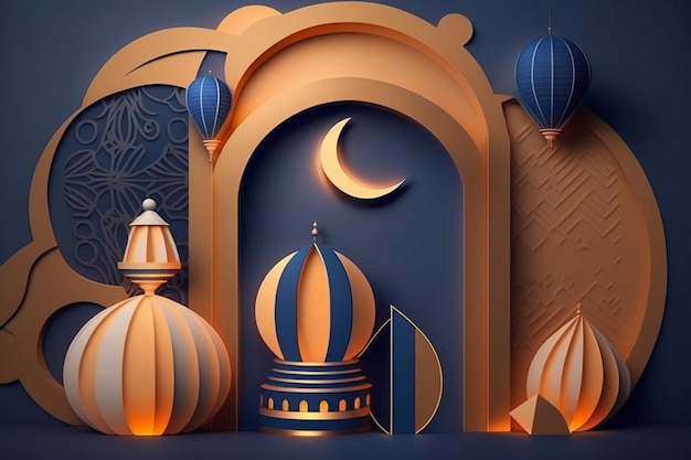 A Ramadan banner with a modern 3D design in royal blue and peach monotones features a display podium with a metal moon mosque portal and a traditional lantern Generative Ai