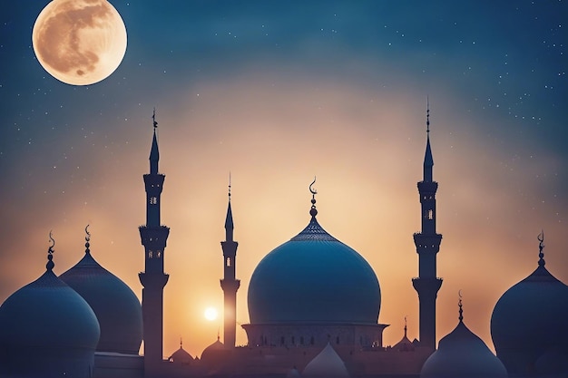 Ramadan card with Mosques dome Crescent moon on blue sky background generated by AI