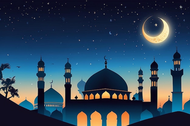 Ramadan card with Mosques domeCrescent moon on blue sky backgroundVertical banner Ramadan Night with twilight dusk sky for Islamic religion