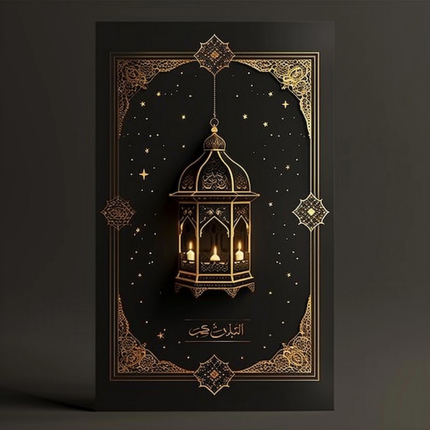 Photo ramadan cards black theme lanterns hanging islamic background ai generative