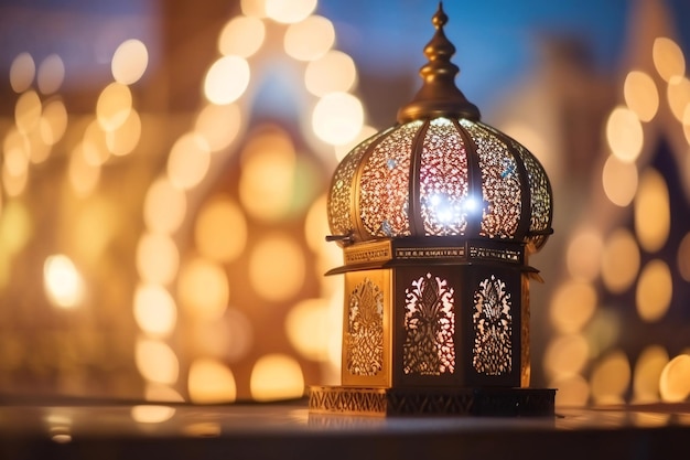 Ramadan celebration beauty of Ramadan lamp on bokeh background Generative AI