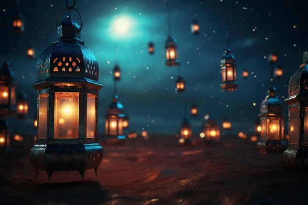 라마단 축제 는 밤 하늘 을 조명 된 등불 로 장식 하는 것 을 본다
