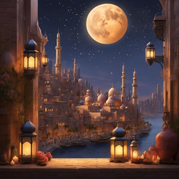 Ramadan city blend 3D lantern warm serenity