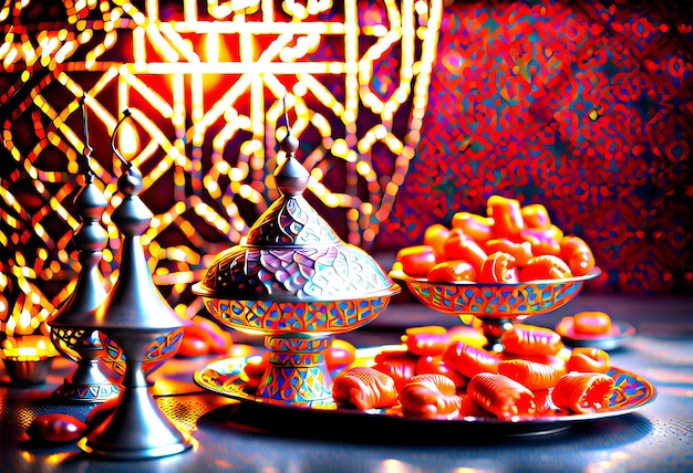 Foto caramelle concetto di ramadan nella piastra di zinco arabo