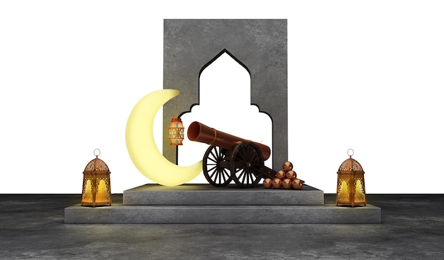 Photo ramadan concept canon ramadan kareem with crescent with xaking throne chair 3d rendering