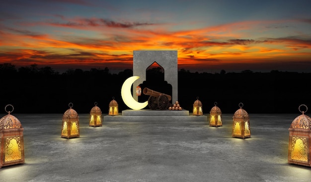 Ramadan concept Canon Ramadan kareem with crescent with xAKing Throne chair 3d rendering
