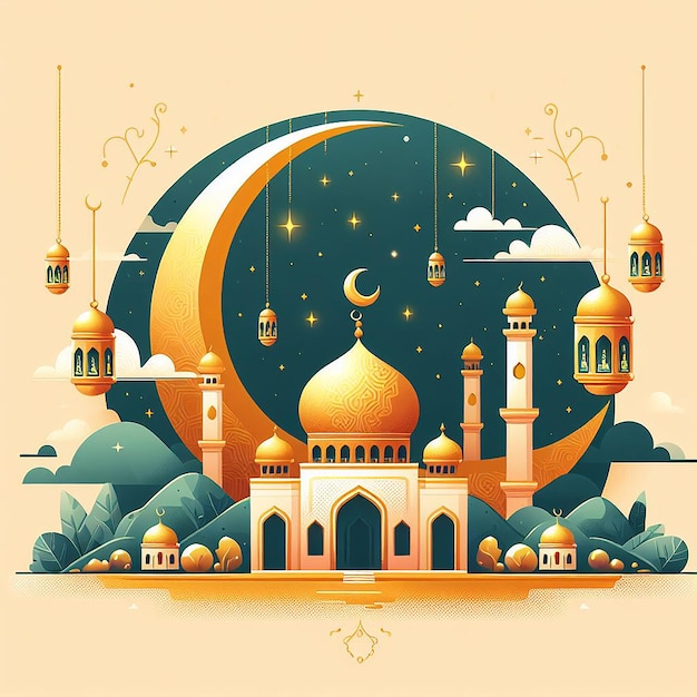 Ramadan concept Flat design with golden moon