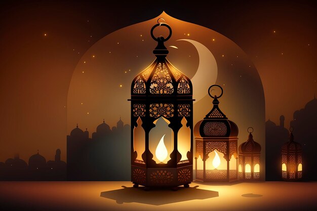 Ramadan concept lantaarns en moskeeën AI-technologie gegenereerd beeld